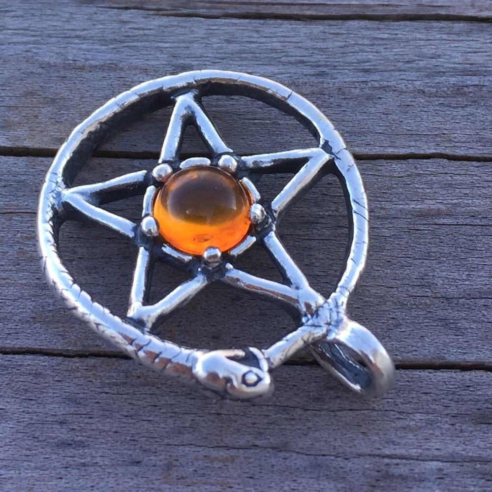 Snake Ouroboros Pentacle .925 Sterling Silver w/ genuine Amber made in USA - Picture 7 of 8